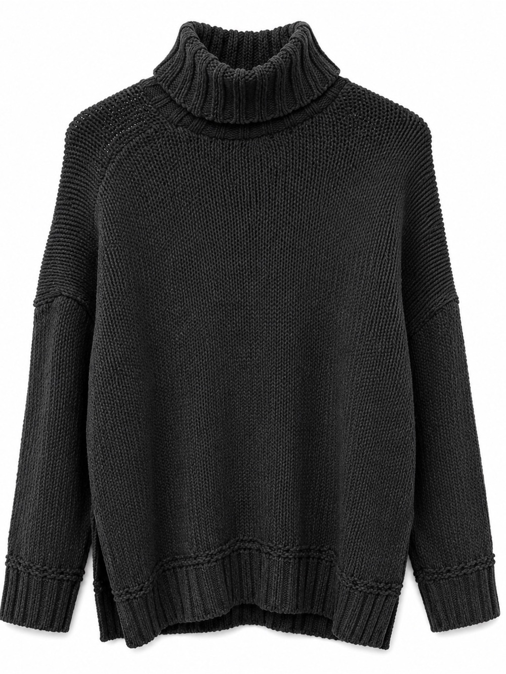 Aerie Women’s Black Chunky Knit Turtleneck Sweater Oversized Split Hem Size L - Picture 2 of 4